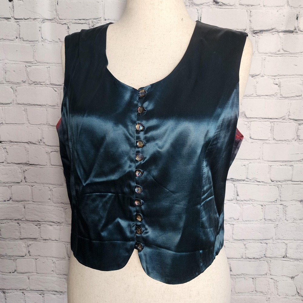 Ilyse Hart Ltd Vintage 80s Teal Satin Button Up Vest Women Large Shiny Victorian